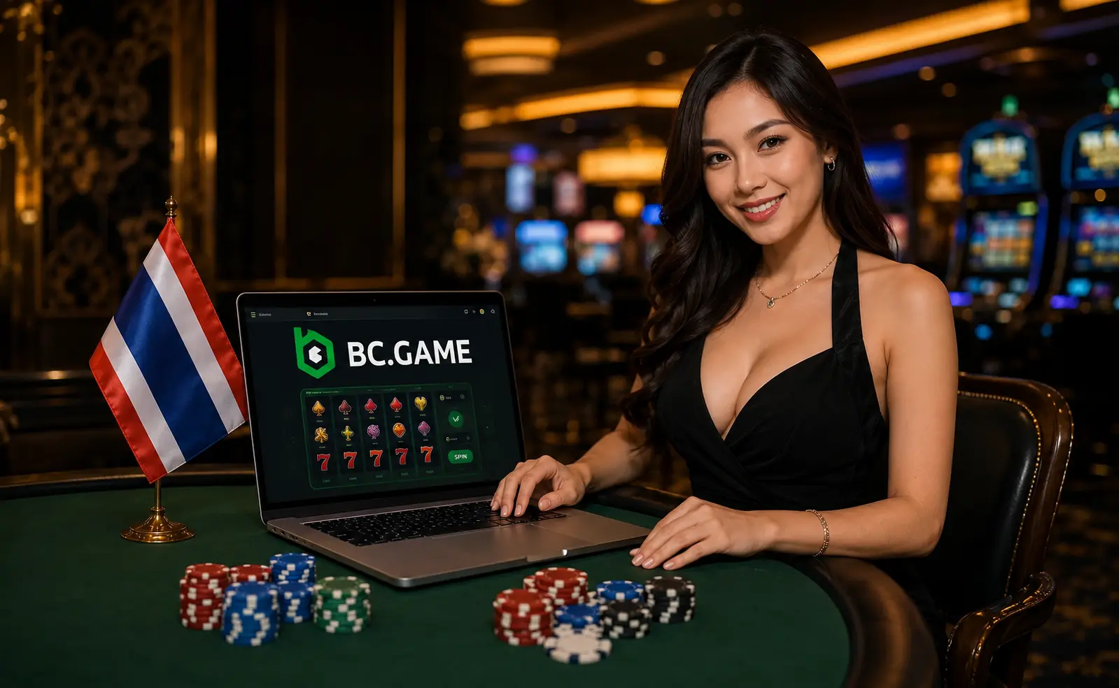 Beautiful woman playing BC Game online casino in Thailand with Thai flag