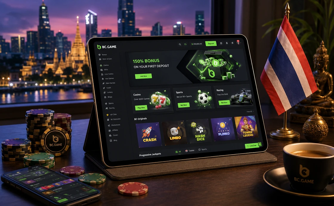 BC Game Thailand app on a tablet with Thai-themed items around it